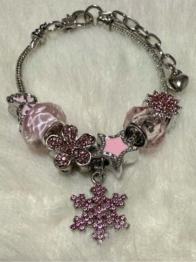 Stainless Steel Pink Crystal Snowflake Charm Bracelet